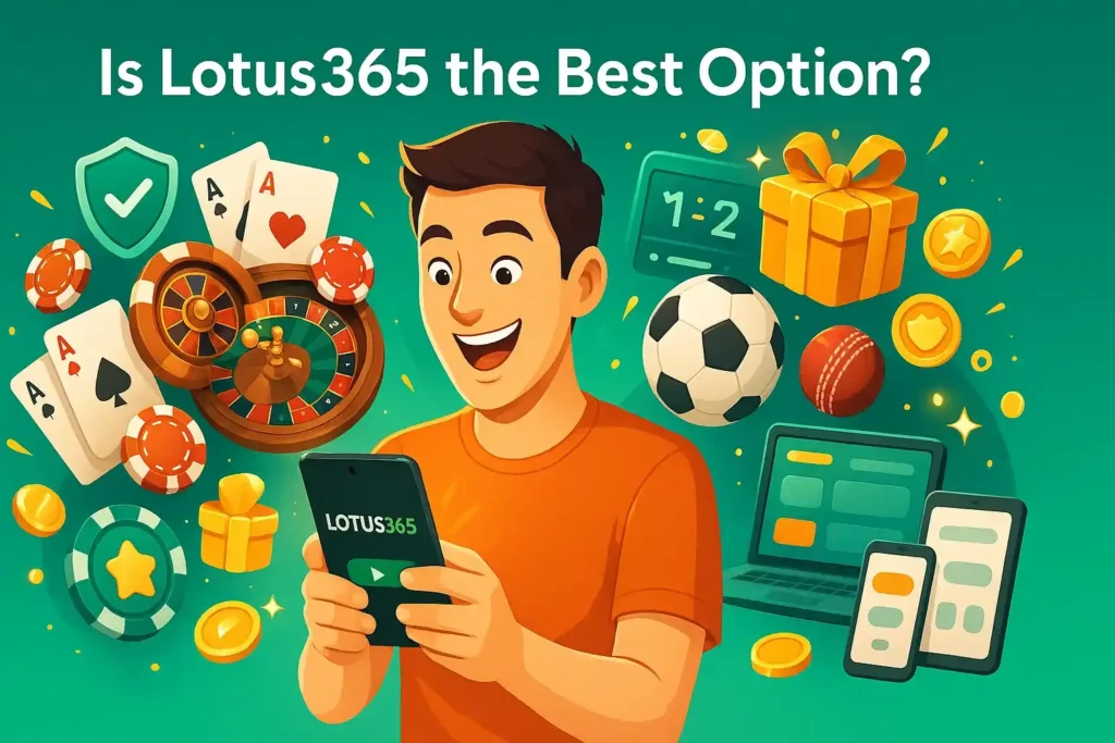 A visual of a satisfied player using the Lotus365 mobile app, surrounded by poker chips, sports equipment, and reward symbols, highlighting a secure, diverse, and user-friendly gaming environment.