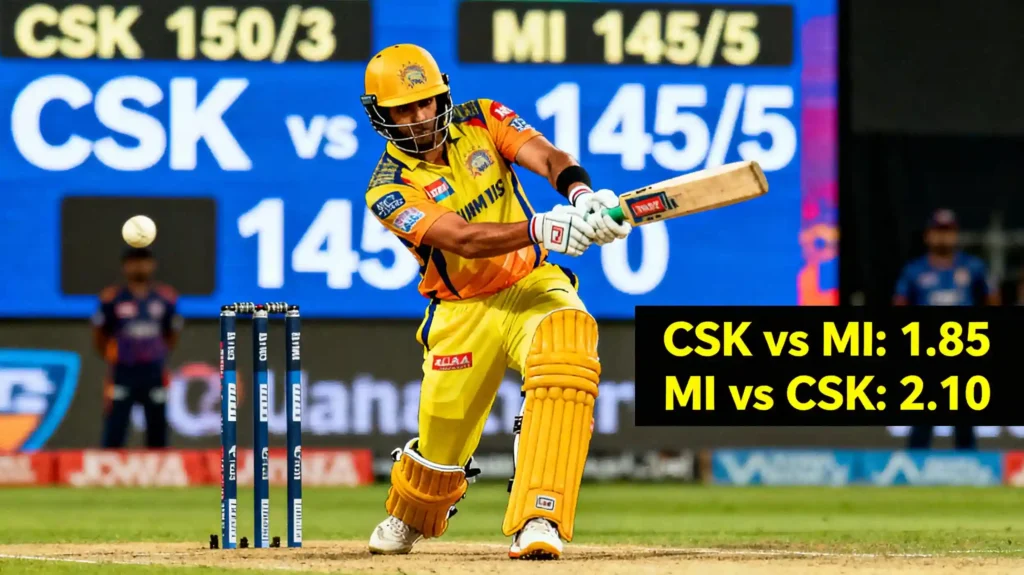 Live IPL action featuring batting highlights, wickets, and real-time betting odds