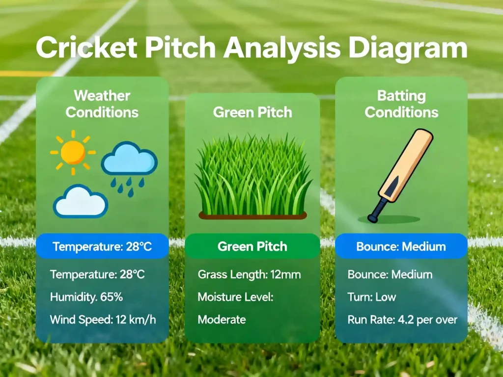 A visual breakdown of pitch analysis, including the impact of local weather and ground specifics