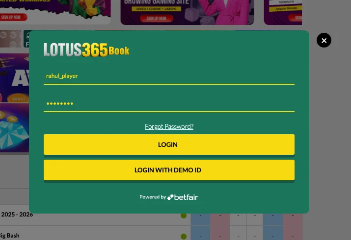 A preview of the Lotus365 login screen, featuring the fields for your username and password.